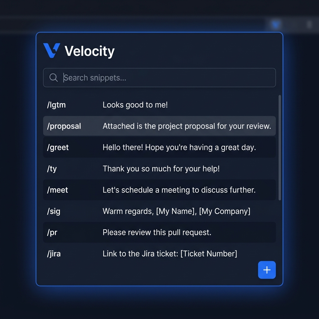Velocity extension popup showing a list of text snippets